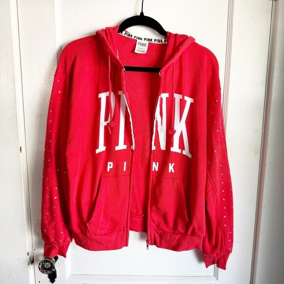 Victoria’s Secret PINK Rhinestone Bling Full Zip Hoodie Logo SPELLOUT Jacket XS - Picture 8 of 12